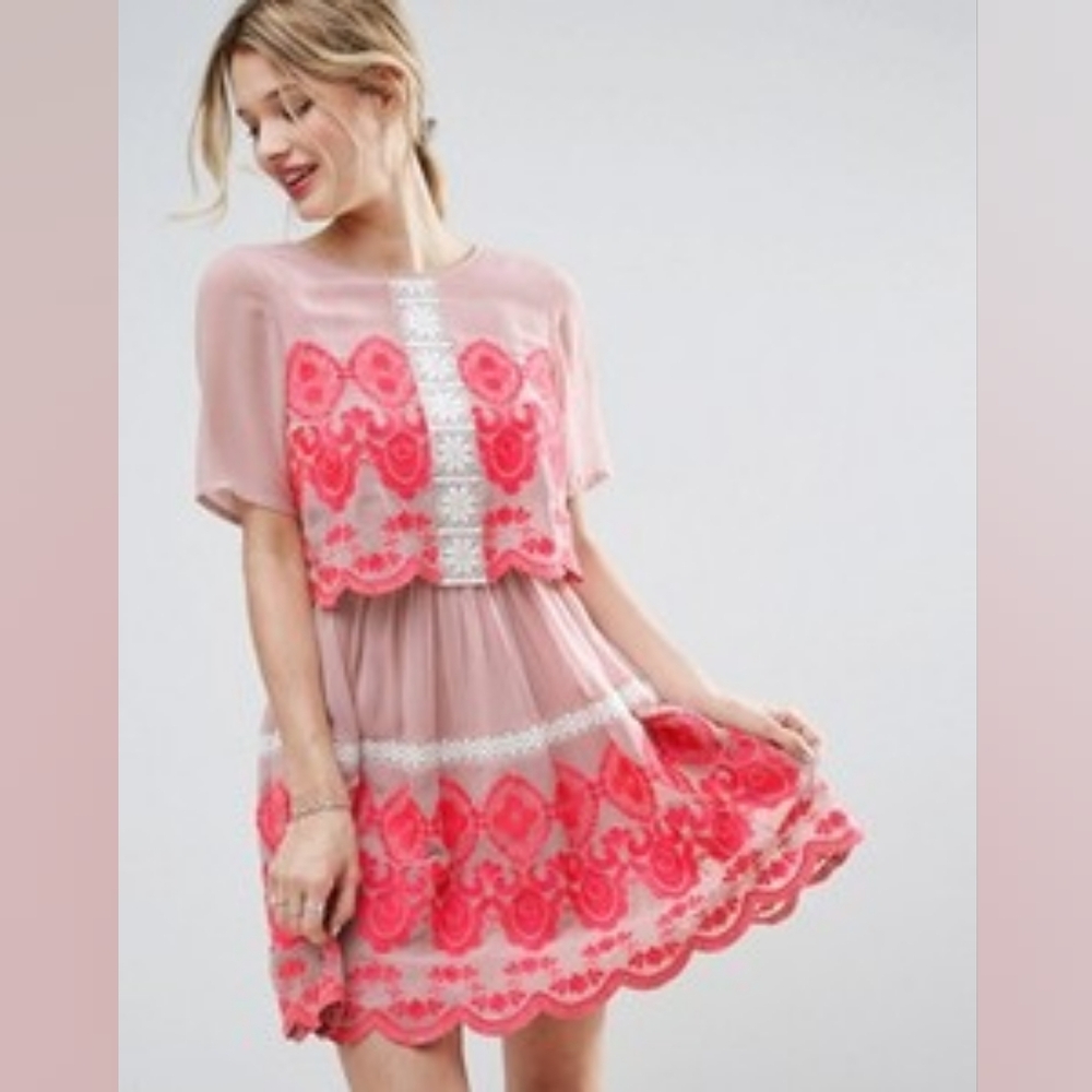 ASOS double layer Pink floral embroidery blush shift dress size 12 us